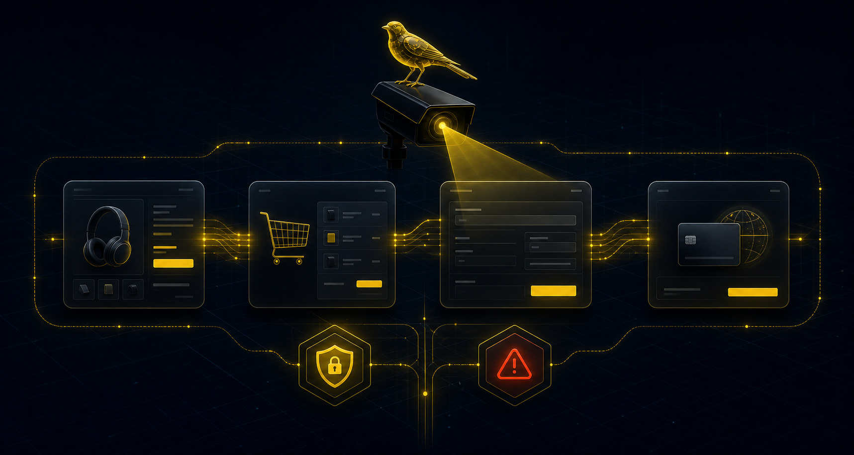 Visualisation abstraite d'un tunnel checkout surveillé par CashFlowCanary